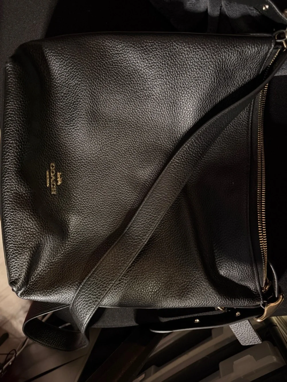 Coach Black Pebbled Leather Messenger Bag with Gold Logo - Picture 2 of 3